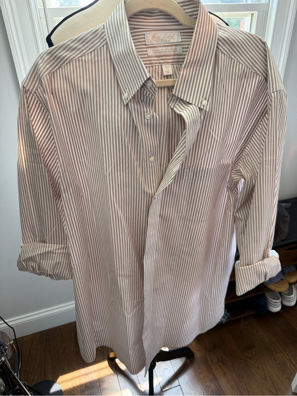 Roundtree & Yorke Gold Label Men's Tan and White Striped Dress Shirt Size 17/36